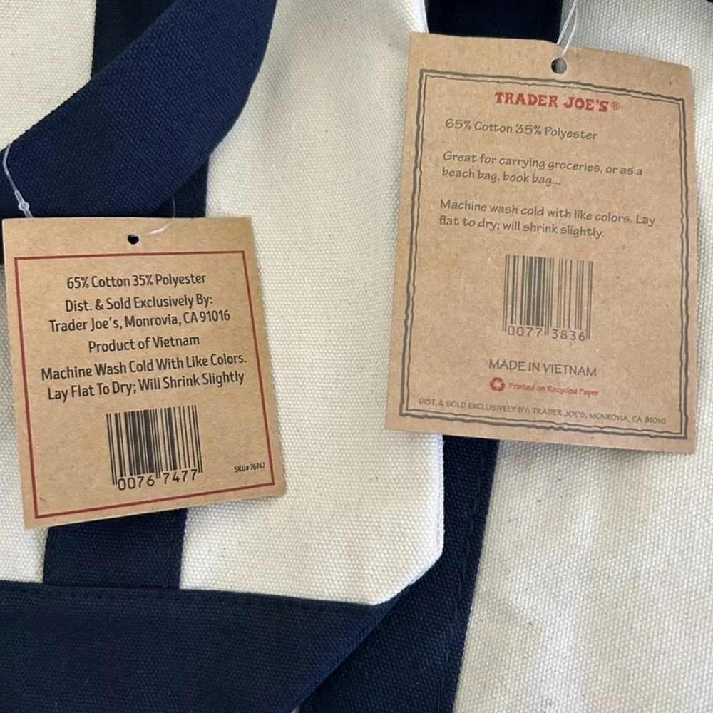 2 New Trader Joe’s Canvas Blue Tote Bags - Picture 3 of 6